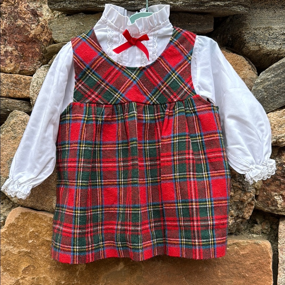 Vintage 2-pc. Plaid Red & Green Jumper Dress w/ White Blouse 12-24m